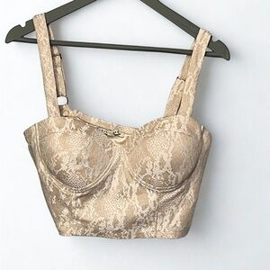 Haute Monde Beige Lace and Champagne Gold Metallic Bustier Size L Lovecore